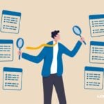 ilustração de um homem consultando arquivos com uma lupa