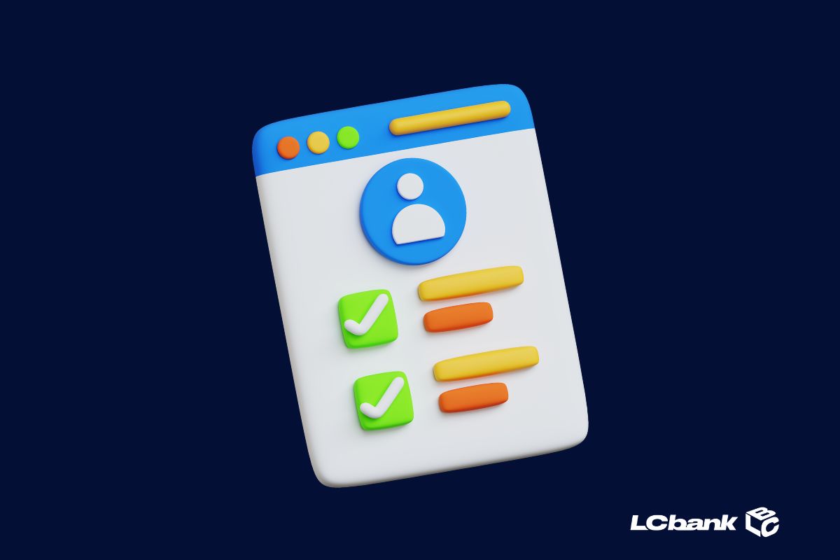 Ilustração 3D de uma tela de cadastro com ícone de usuário e checklist marcando tarefas concluídas, simbolizando organização e definição de prioridades, com fundo azul escuro e logo do LCbank.