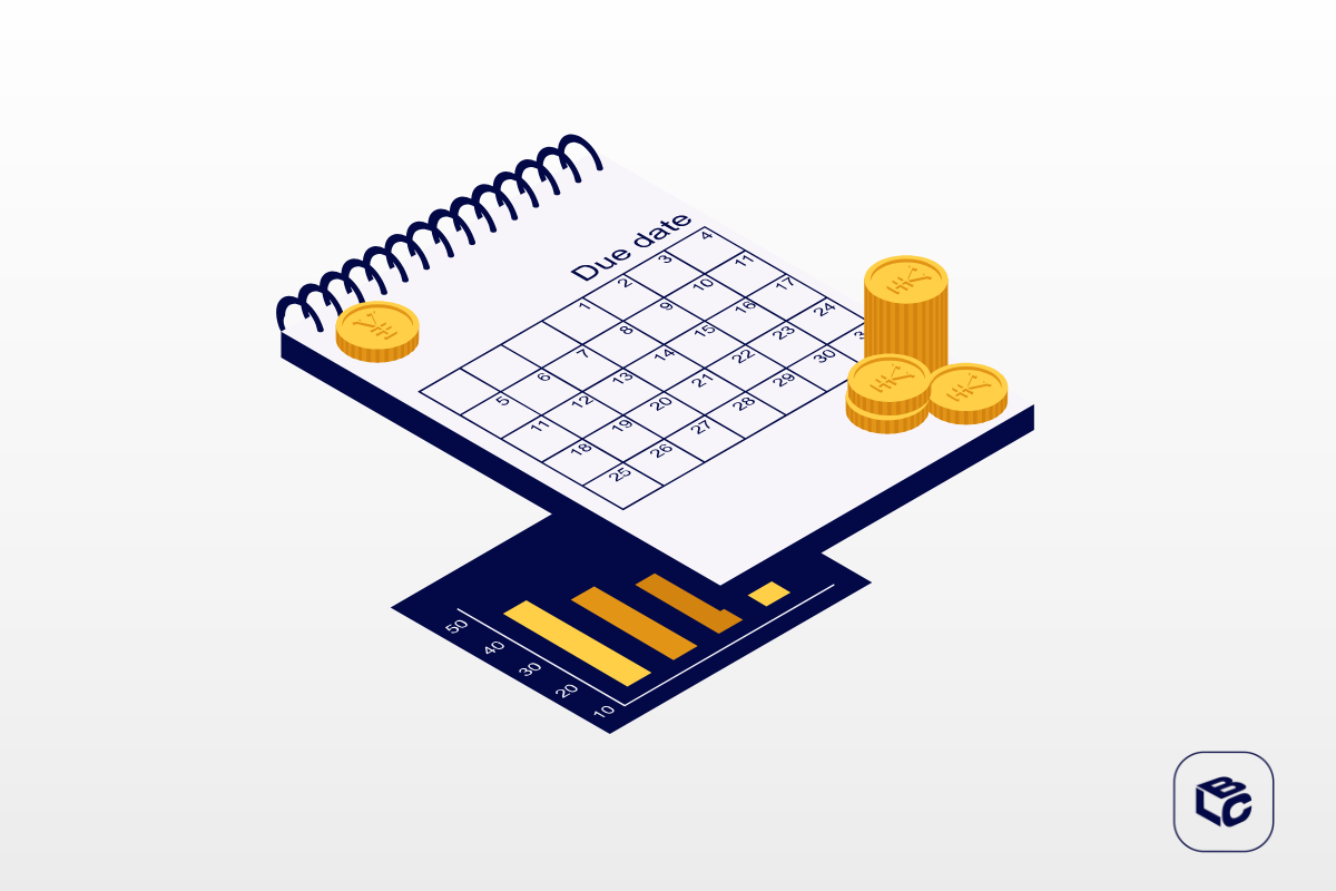 Vetores em azul e amarelo que representam um calendário, moedas e um gráfico