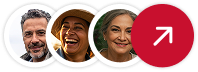 Grupo de pessoas sorrindo e um ícone de seta para cima