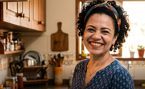 Mulher sorridente na cozinha, possível consulta RPV