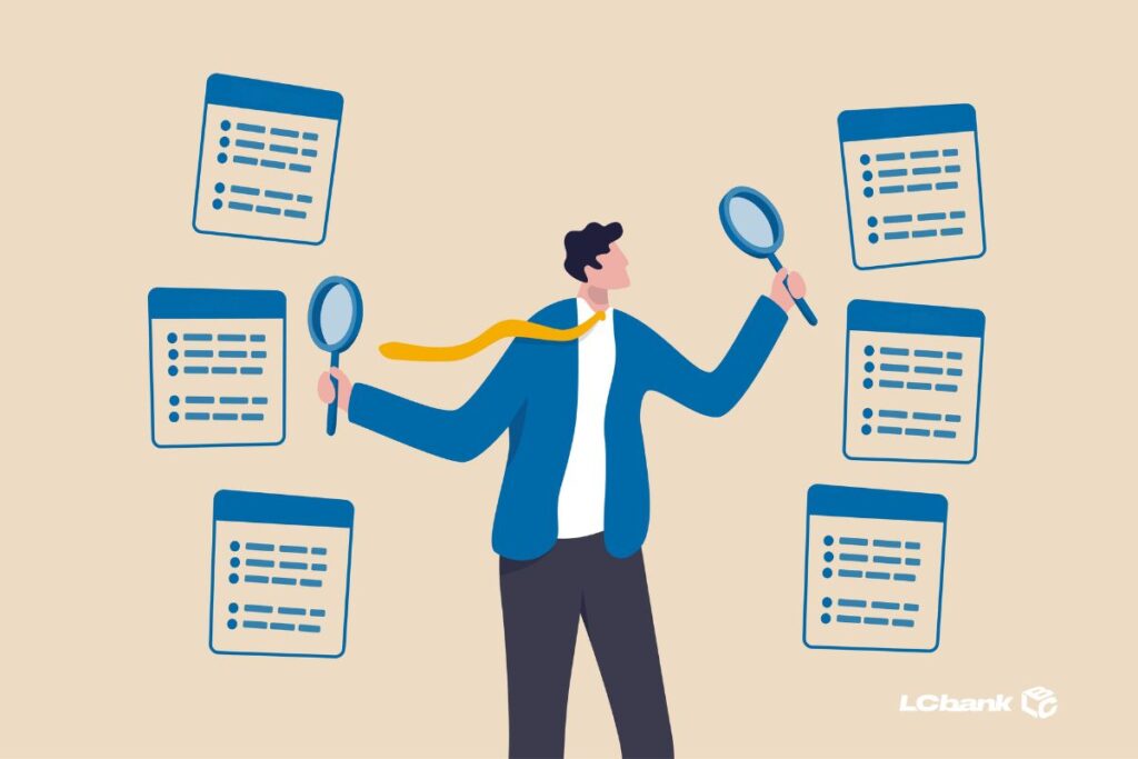 ilustração de um homem consultando arquivos com uma lupa