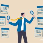 ilustração de um homem consultando arquivos com uma lupa