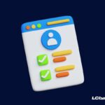 Ilustração 3D de uma tela de cadastro com ícone de usuário e checklist marcando tarefas concluídas, simbolizando organização e definição de prioridades, com fundo azul escuro e logo do LCbank.